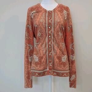 J. McLaughlin Orange Red Patterned Women's XL Lightweight Cotton Cardigan Preppy